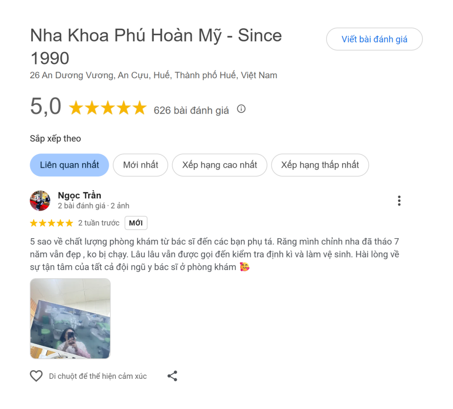 Đánh giá Google Map của Nha khoa Phú Hoàn Mỹ