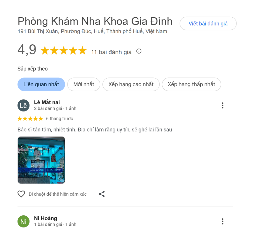 Đánh giá Google Map của Nha khoa Gia Đình