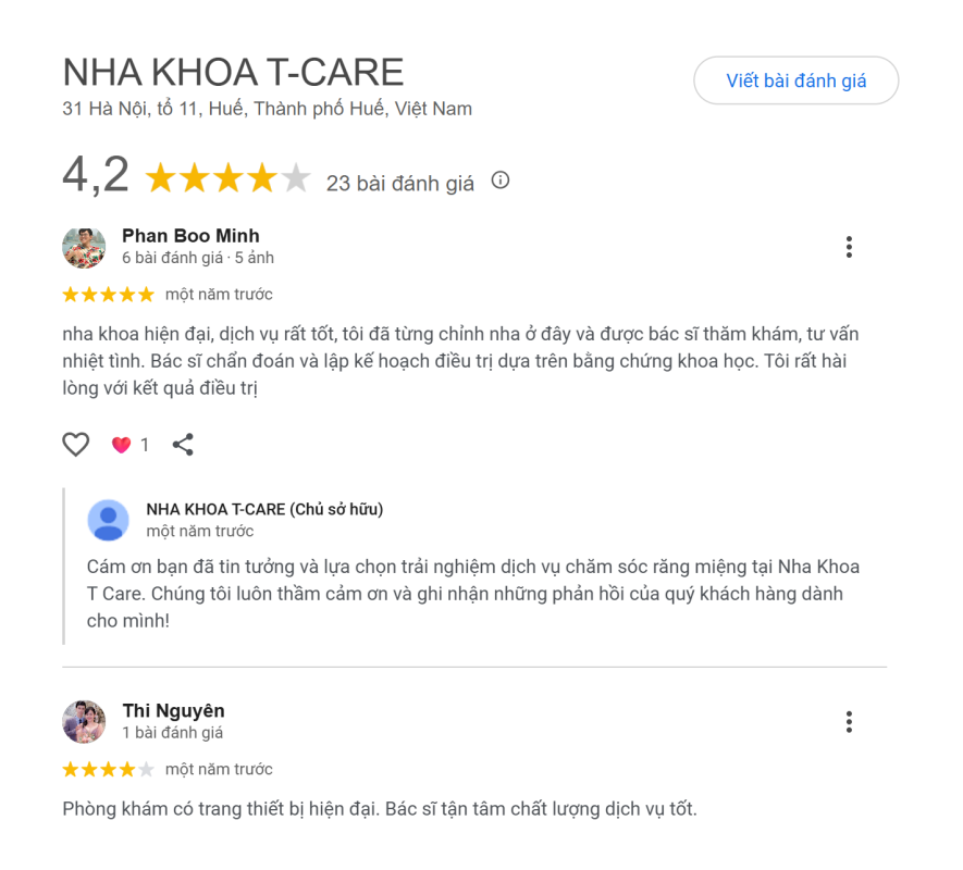 Đánh giá Google Map của Nha khoa T-Care