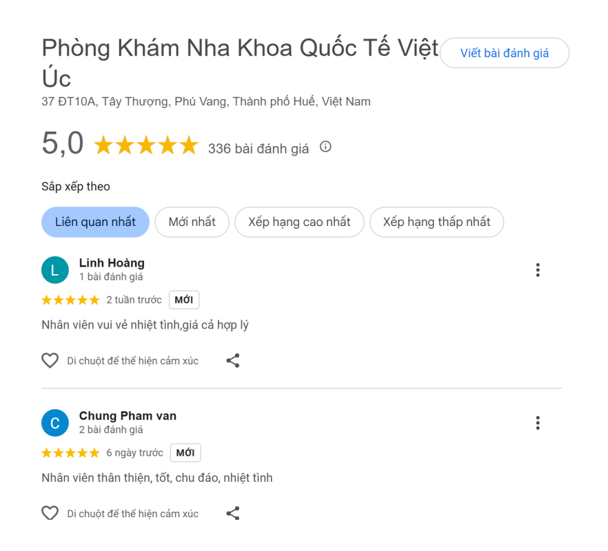 Đánh giá Google Map của Nha khoa Quốc tế Việt Úc